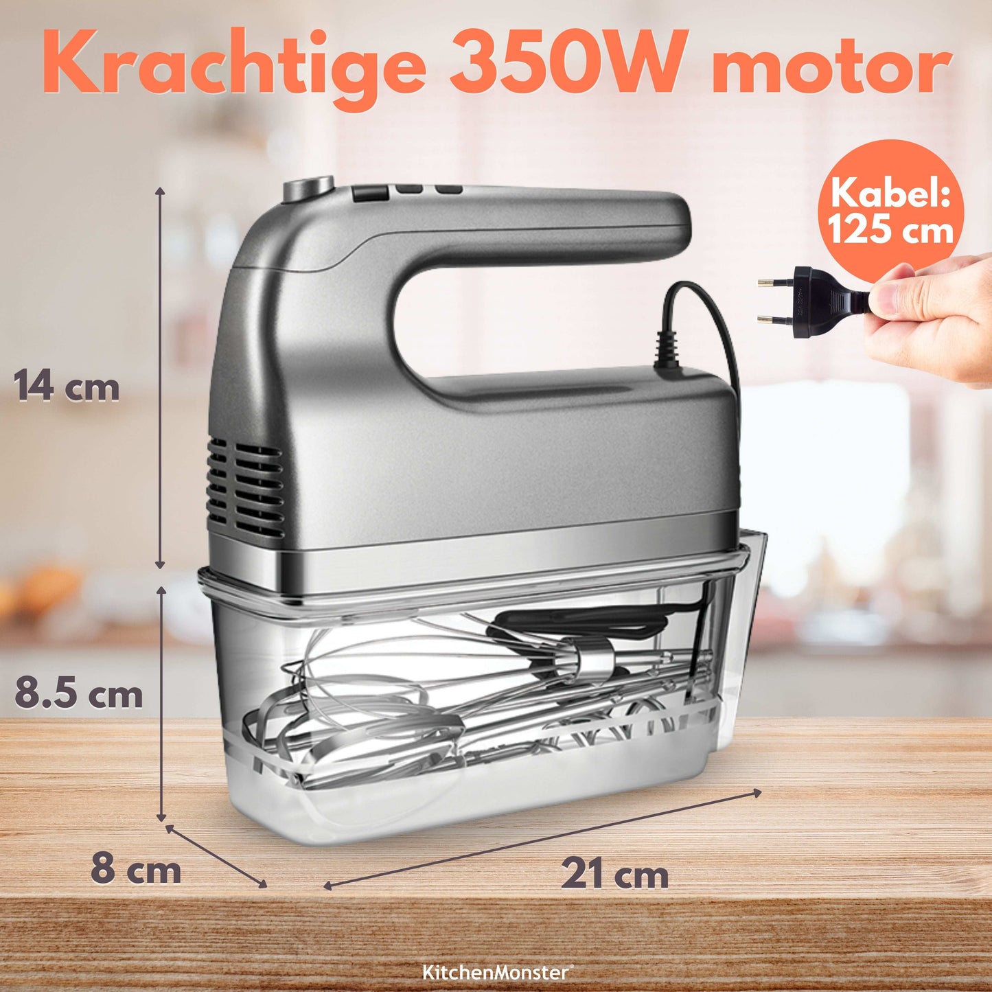 KitchenMonster® Handmixer - Mixer met 9 Snelheden en Timer - 2 Kloppers & 2 Deeghaken & Garde & Opbergbak - Earkings