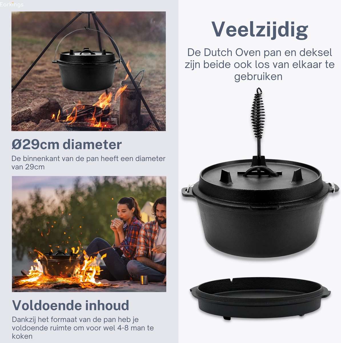 KitchenMonster® Dutch Oven Kookpan - Gietijzeren Pan Ø29 met Deksel 9 Liter - Earkings