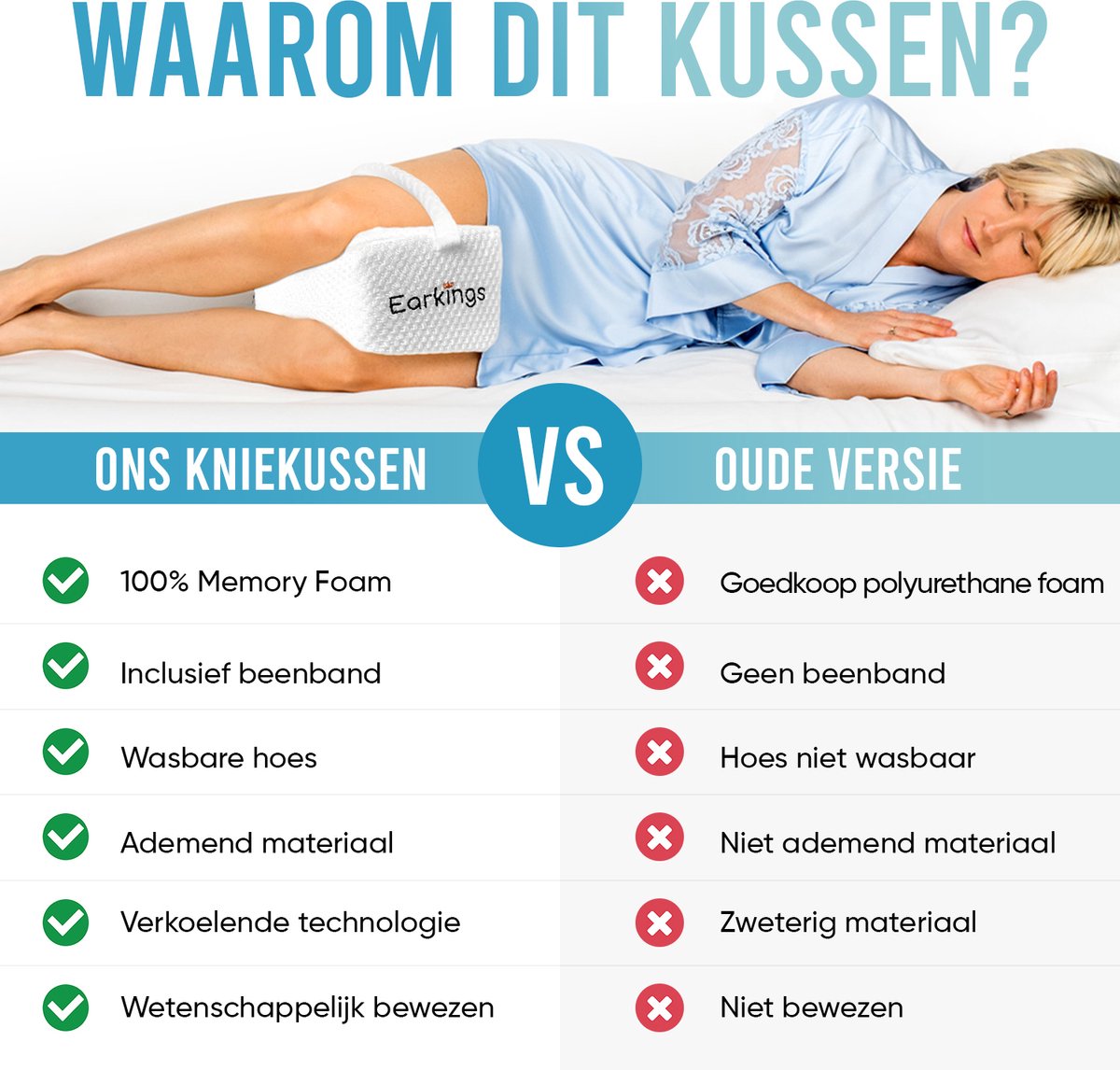Kniekussen voor in Bed (Zijslaapkussen) met Band - Earkings