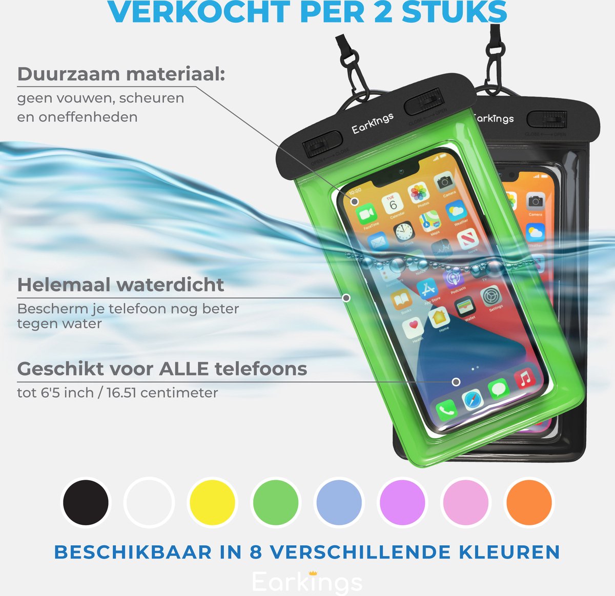 Waterdichte telefoonhoesjes Set van 2 stuks - zwart & groen - Earkings