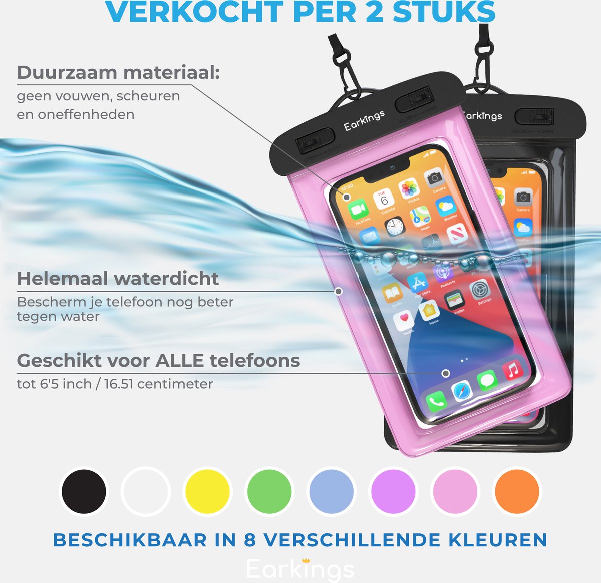 Waterdichte telefoonhoesjes Set van 2 stuks - zwart & roze - Earkings