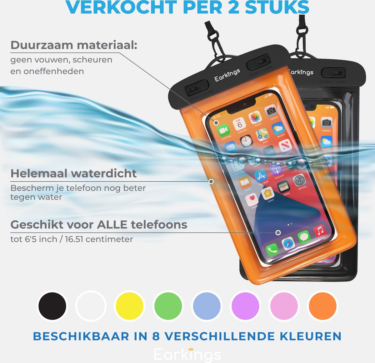 Waterdichte telefoonhoesjes Set van 2 stuks - zwart & oranje - Earkings