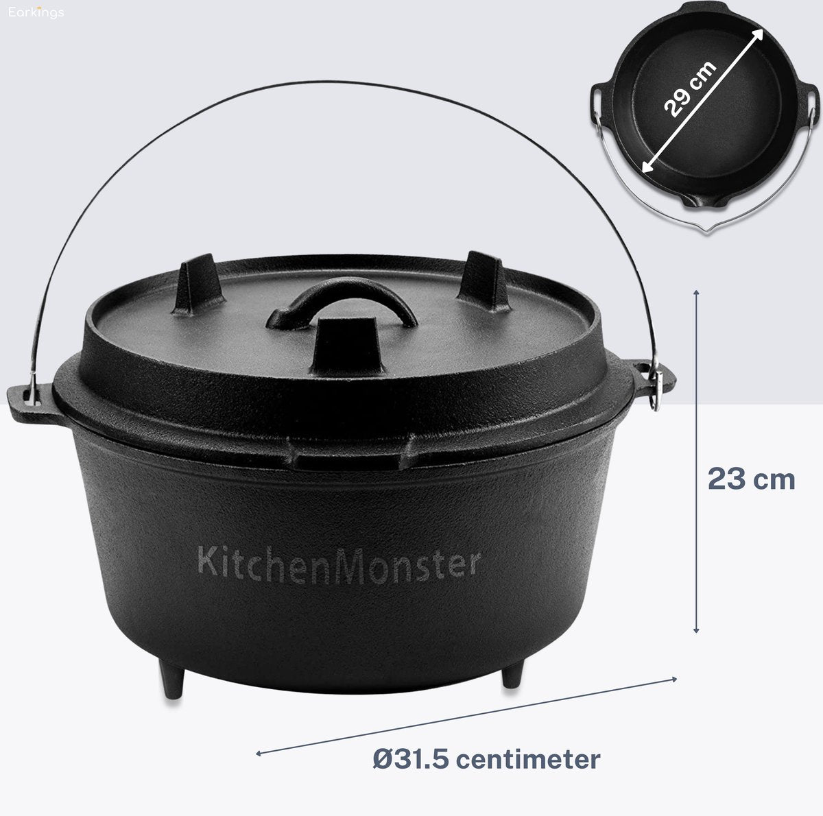 KitchenMonster® Dutch Oven Kookpan - Gietijzeren Pan Ø29 met Deksel 9 Liter - Earkings