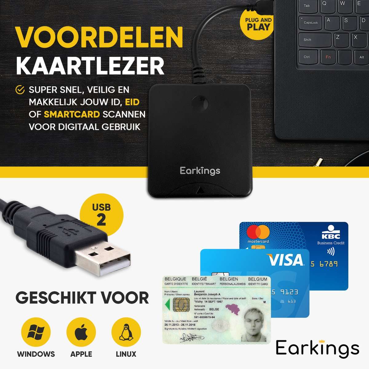 eID Kaartlezer Identiteitskaartlezer - zwart - Earkings