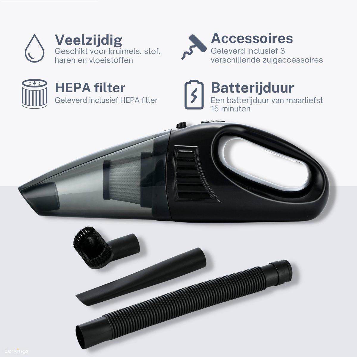 Kruimeldief Stofzuiger Snoerloos met 3 Opzetstukken incl. HEPA Filter - Earkings