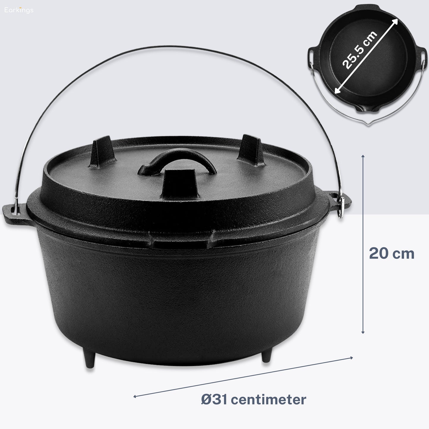 KitchenMonster® Dutch Oven Kochpfanne – Gusseisenpfanne Ø29 mit Deckel 9 Liter
