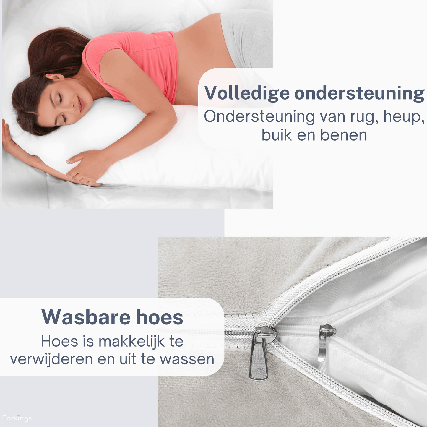 Zwangerschapskussen Zijslaapkussen 140x80cm U-vorm - lichtgrijs - Earkings