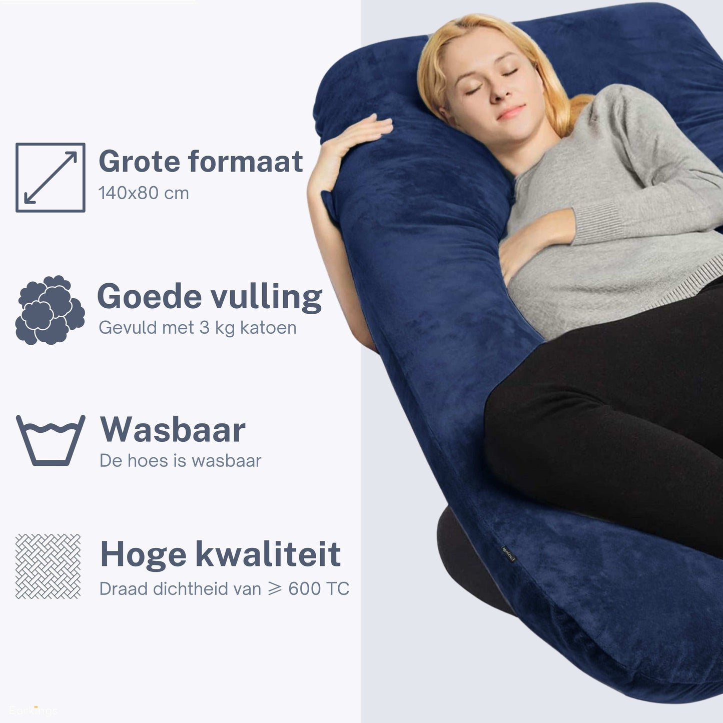 Zwangerschapskussen Zijslaapkussen 140x80cm U-vorm - blauw - Earkings