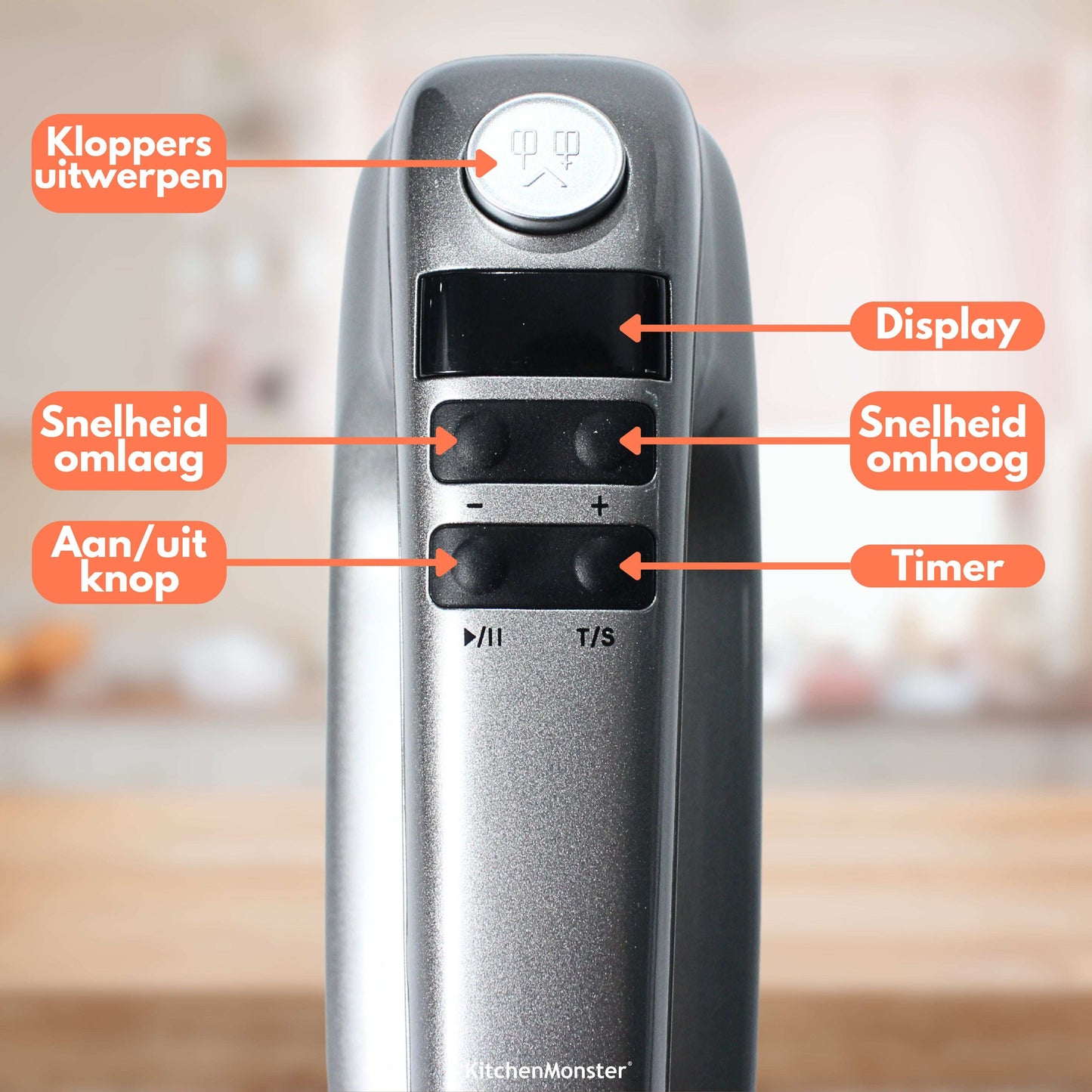 KitchenMonster® Handmixer - Mixer met 9 Snelheden en Timer - 2 Kloppers & 2 Deeghaken & Garde & Opbergbak - Earkings