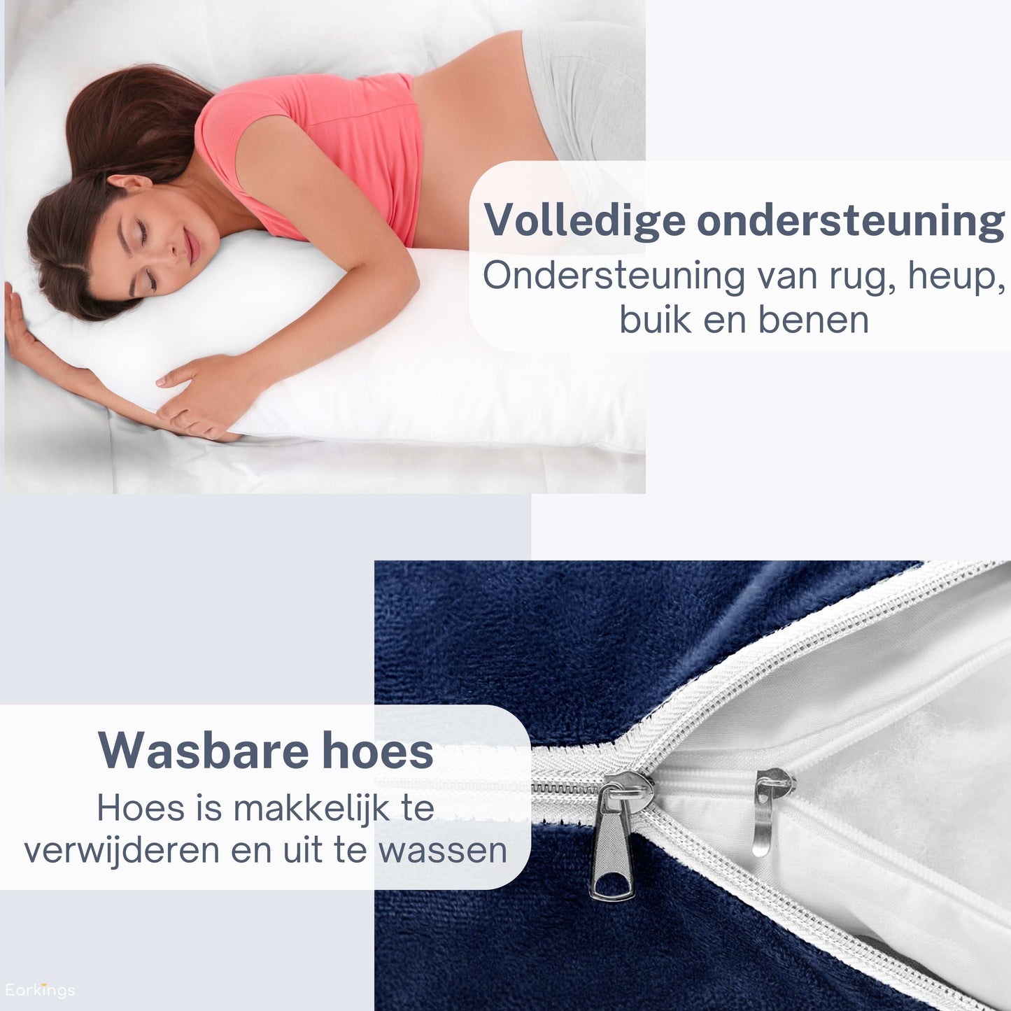 Zwangerschapskussen Zijslaapkussen 140x80cm U-vorm - blauw - Earkings