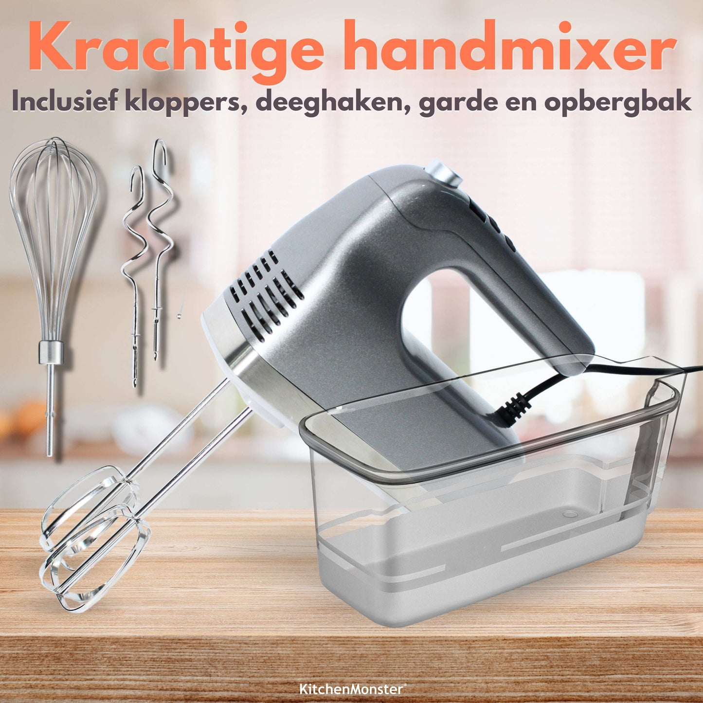 KitchenMonster® Handmixer - Mixer met 9 Snelheden en Timer - 2 Kloppers & 2 Deeghaken & Garde & Opbergbak - Earkings
