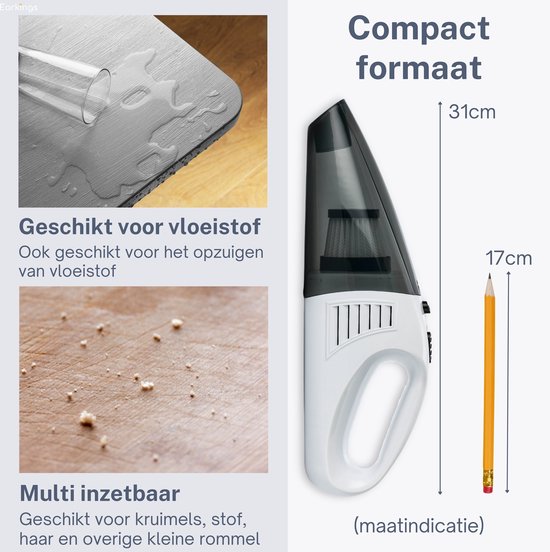 Kruimeldief Stofzuiger Snoerloos met 3 Opzetstukken incl. HEPA Filter wit - Earkings