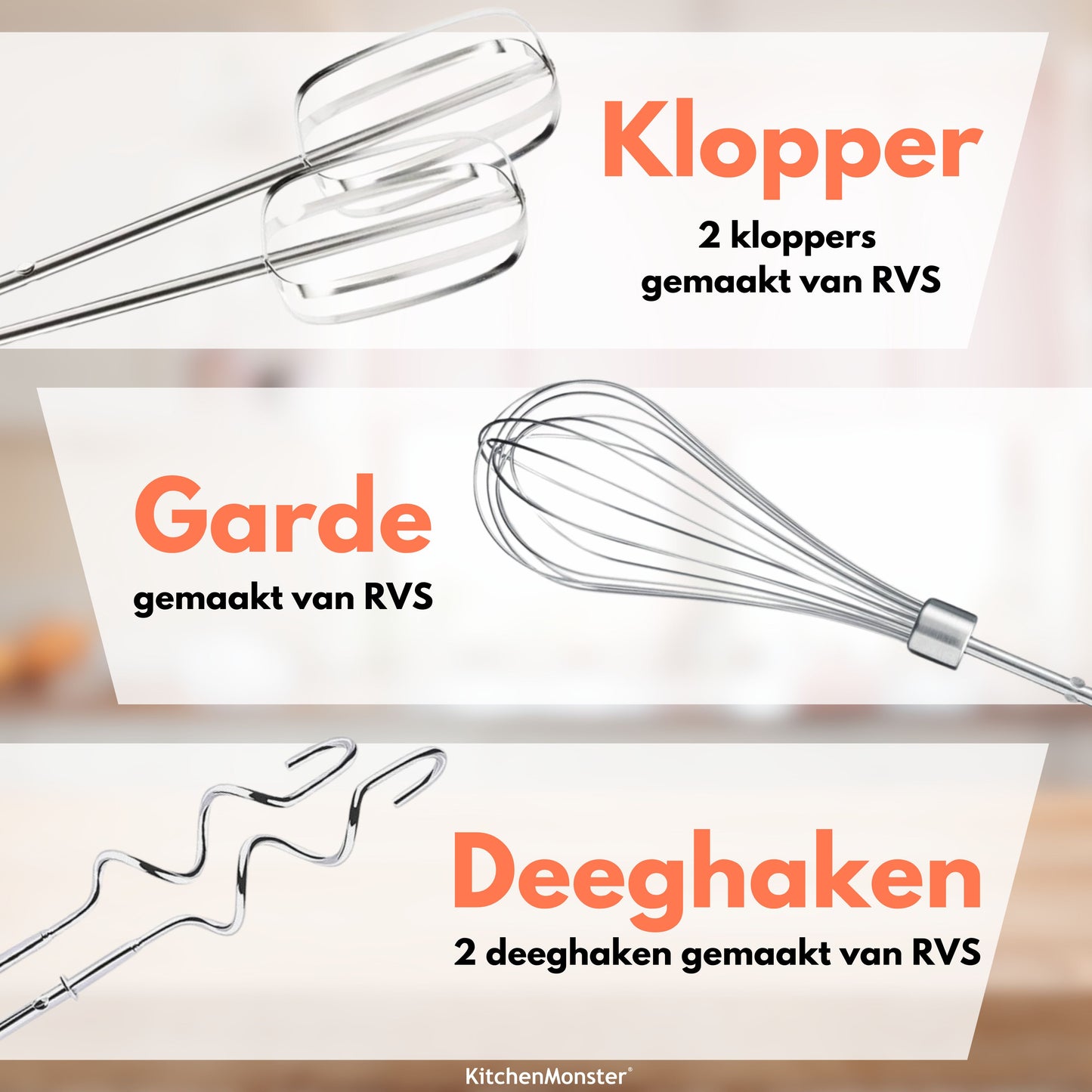 KitchenMonster® Handmixer - Mixer met 9 Snelheden en Timer - 2 Kloppers & 2 Deeghaken & Garde & Opbergbak - Earkings