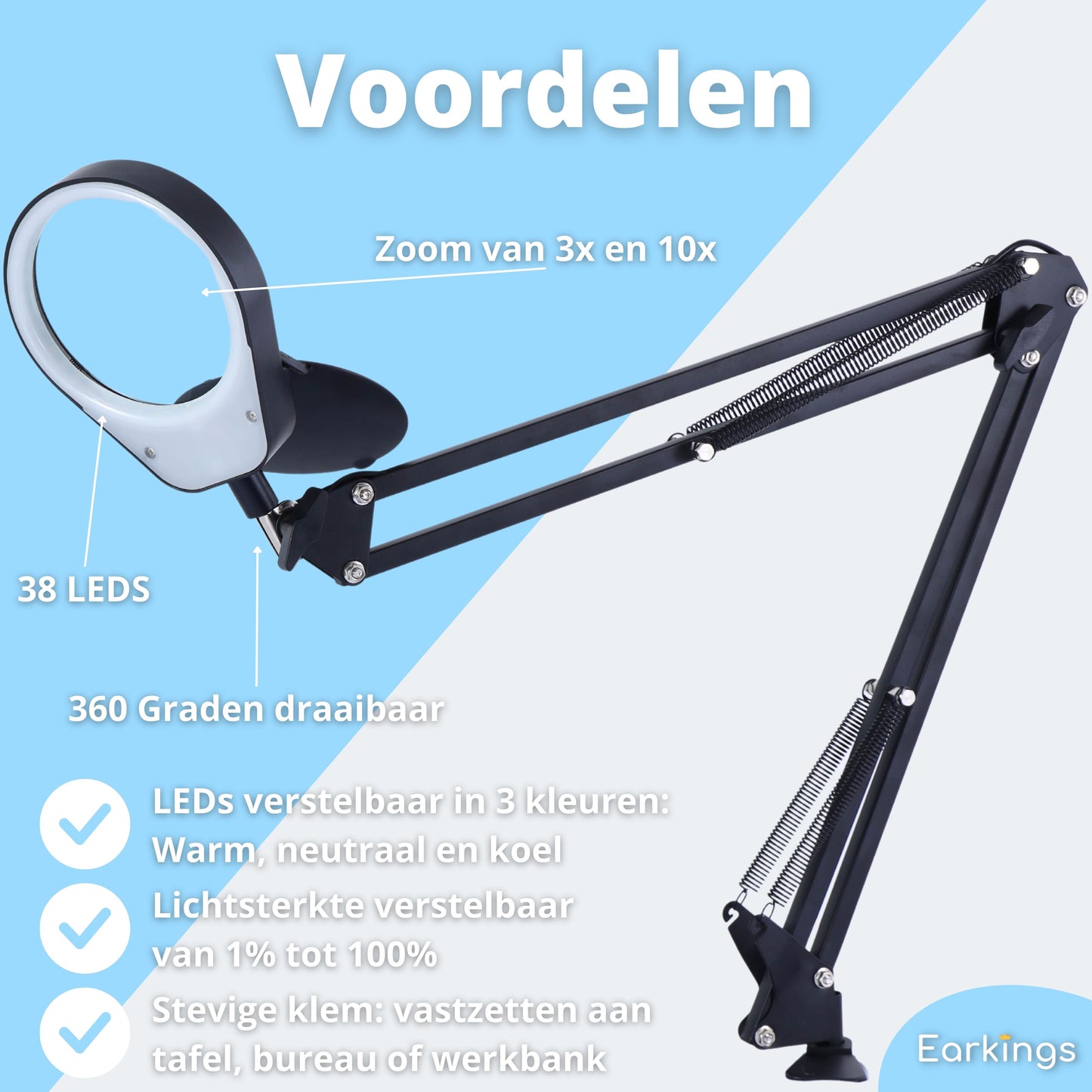 Lupenlampe Lupe mit Beleuchtung und Tischklemme und 3 Lichtfarben - weiß