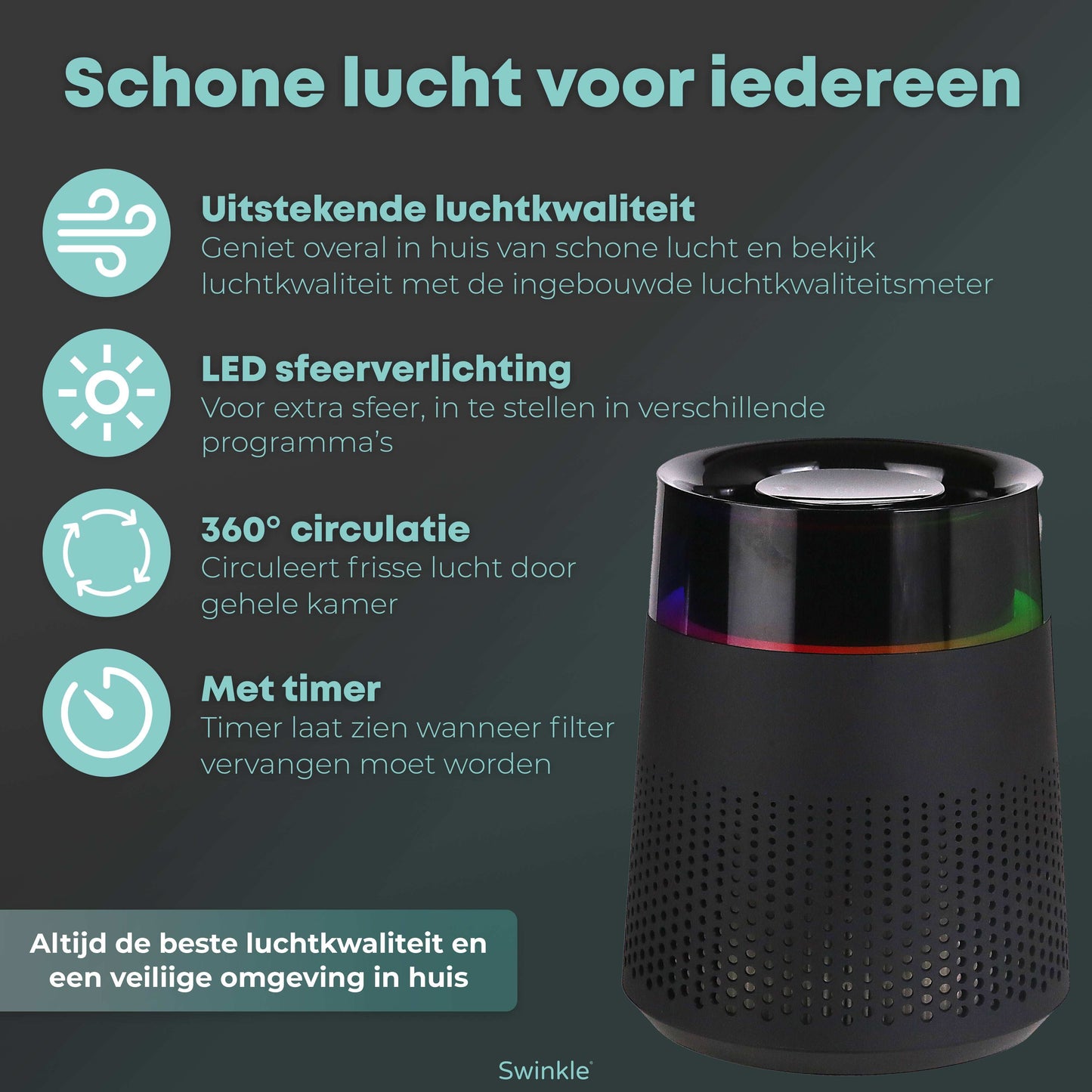 Luchtreiniger - Air Purifier met LED Verlichting en HEPA Filter - Earkings