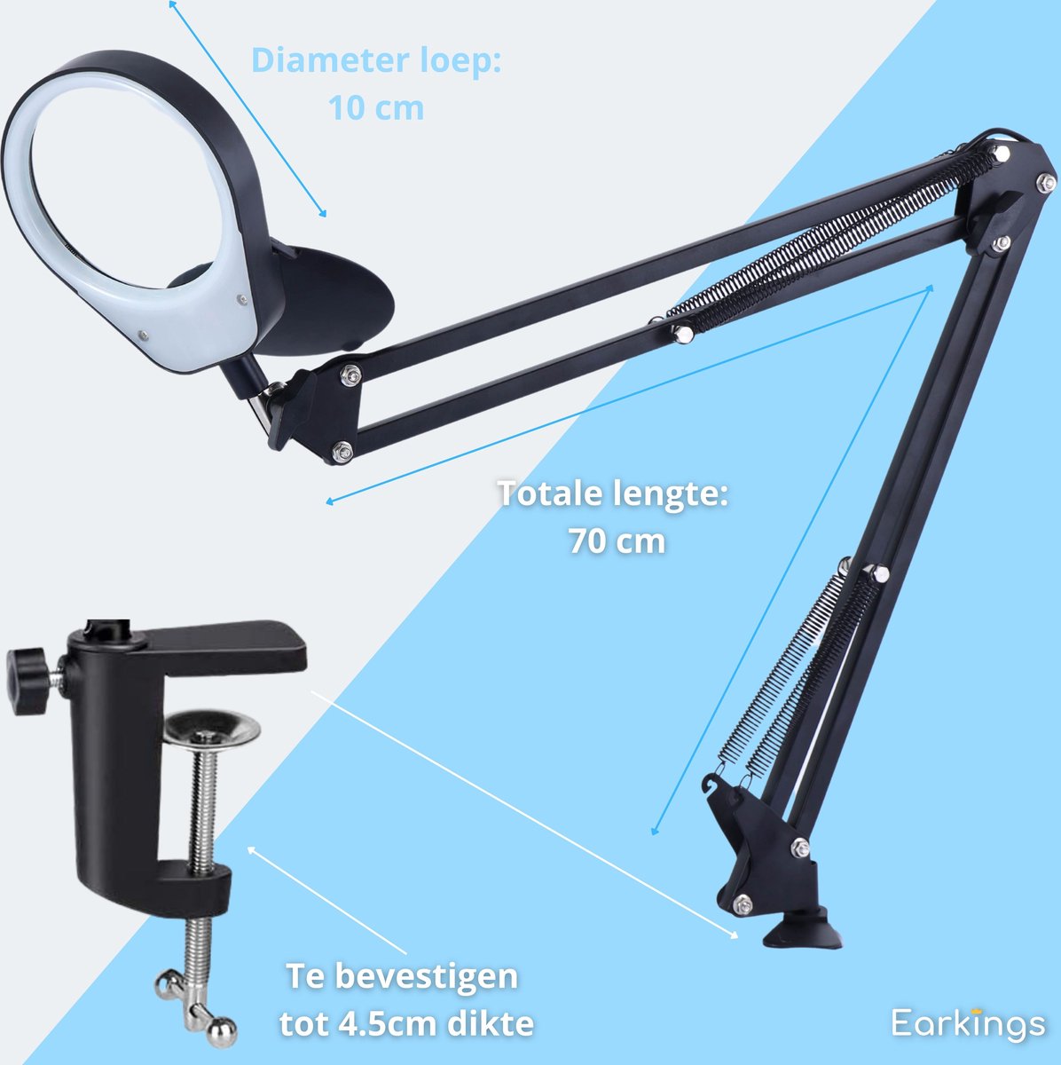 Loeplamp Vergrootglas met Verlichting en Tafelklem en 3 Lichtkleuren - Earkings