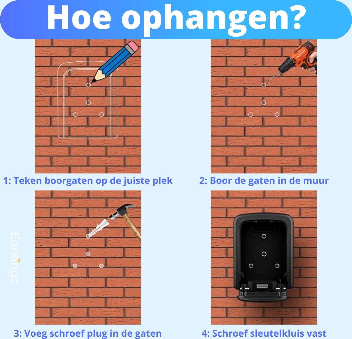 Sleutelkluisje met Code Inclusief Wandmontage Recht - zwart - Earkings