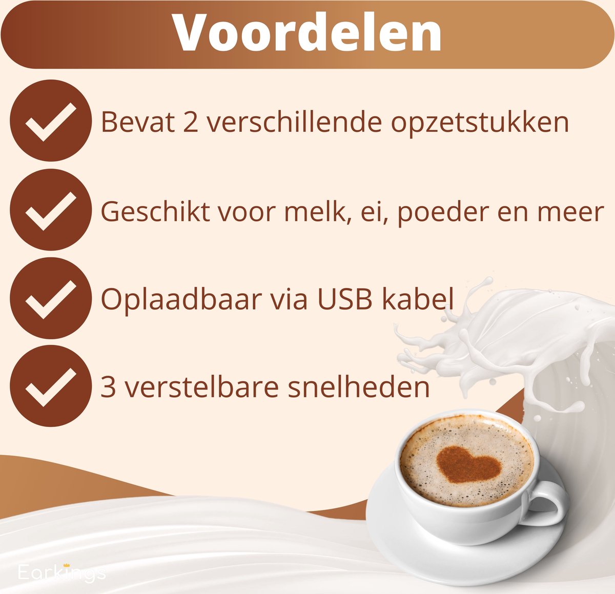 Premium Melkopschuimer Oplaadbaar - Inclusief 2 Opzetstukken - hout - Earkings
