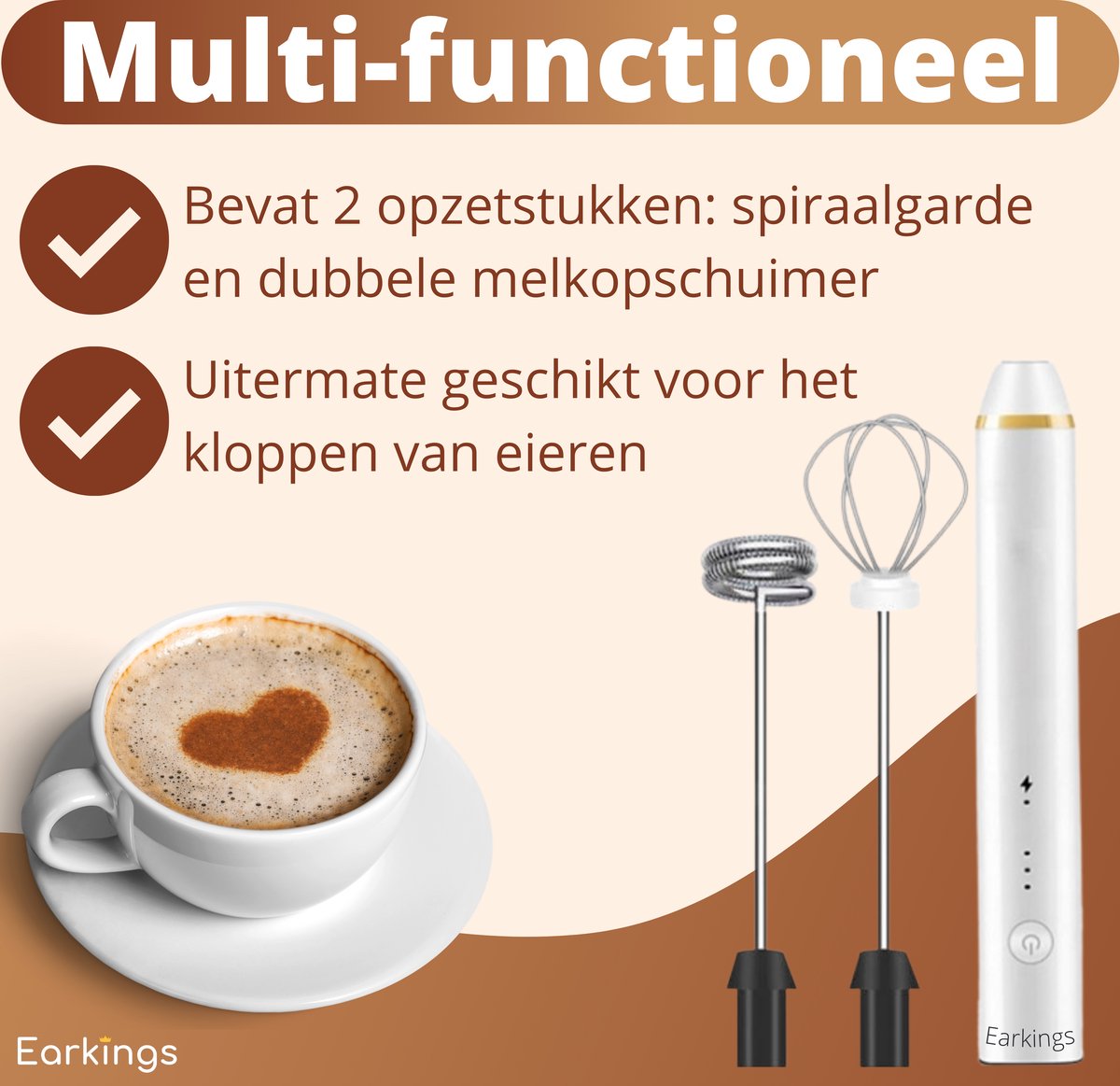 Premium Melkopschuimer Oplaadbaar - Inclusief 2 Opzetstukken - wit - Earkings