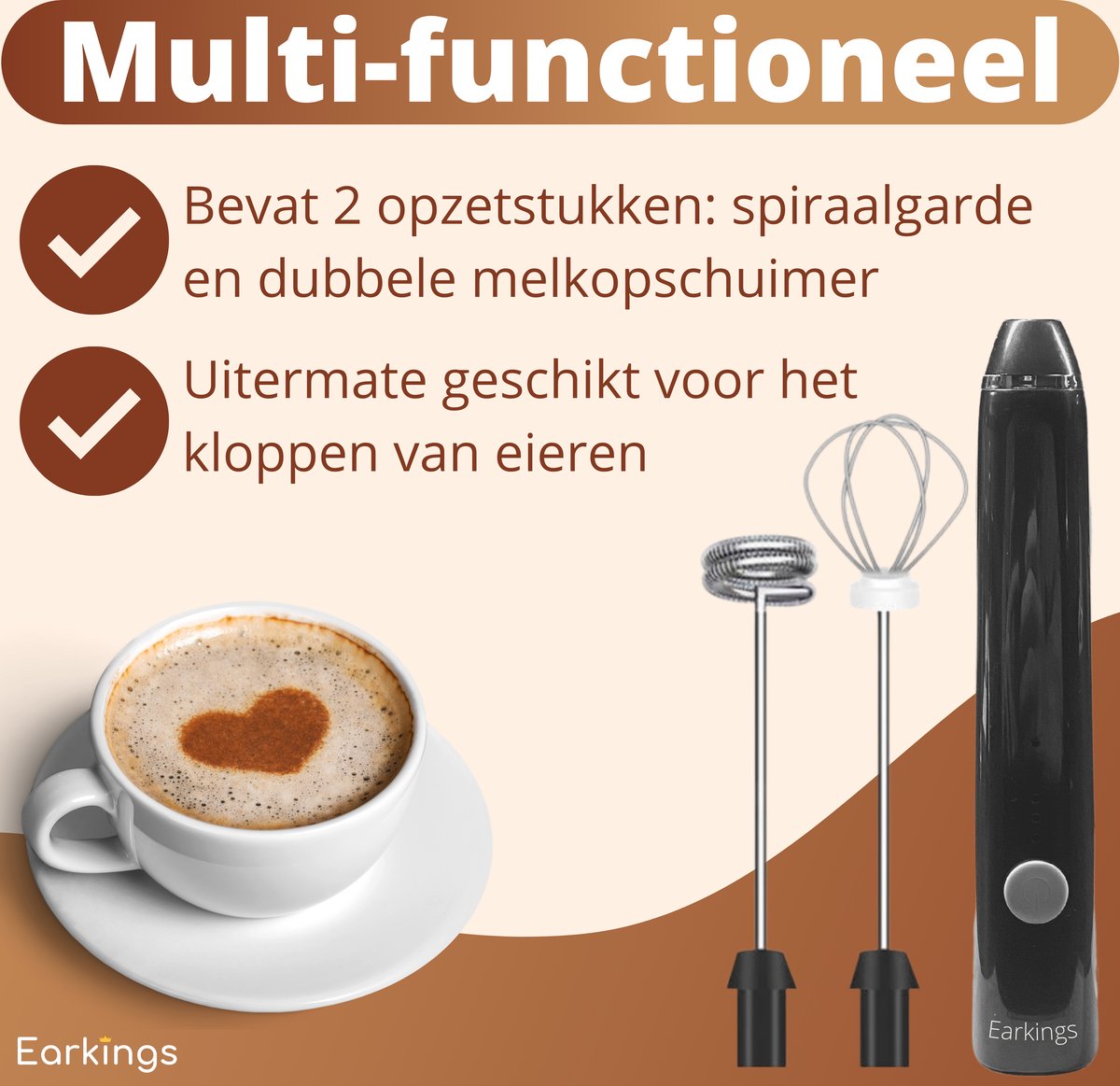 Premium Melkopschuimer Oplaadbaar - Inclusief 2 Opzetstukken zwart - Earkings