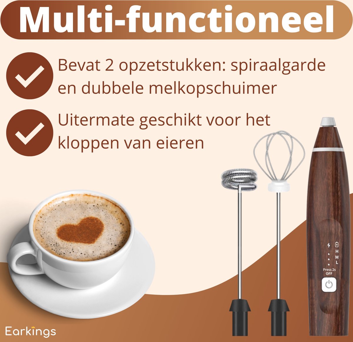 Premium Melkopschuimer Oplaadbaar - Inclusief 2 Opzetstukken - hout - Earkings