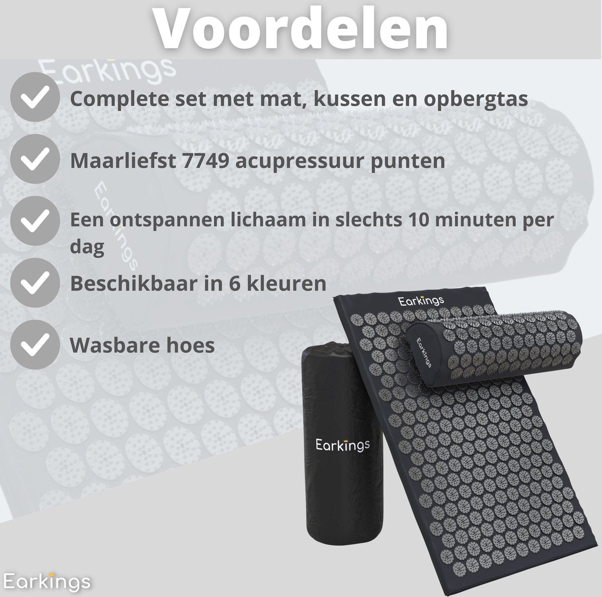 Spijkermat met kussen en met Opbergtas - 8000+ punten - zwart - Earkings