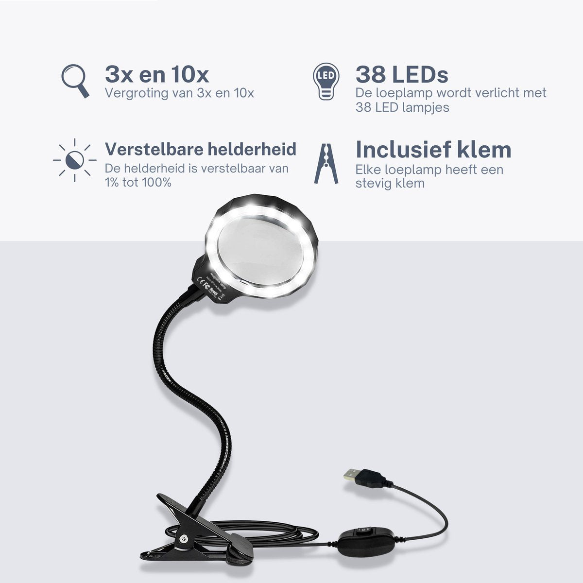Loeplamp vergrootglas met LED verlichting en tafelklem - Earkings