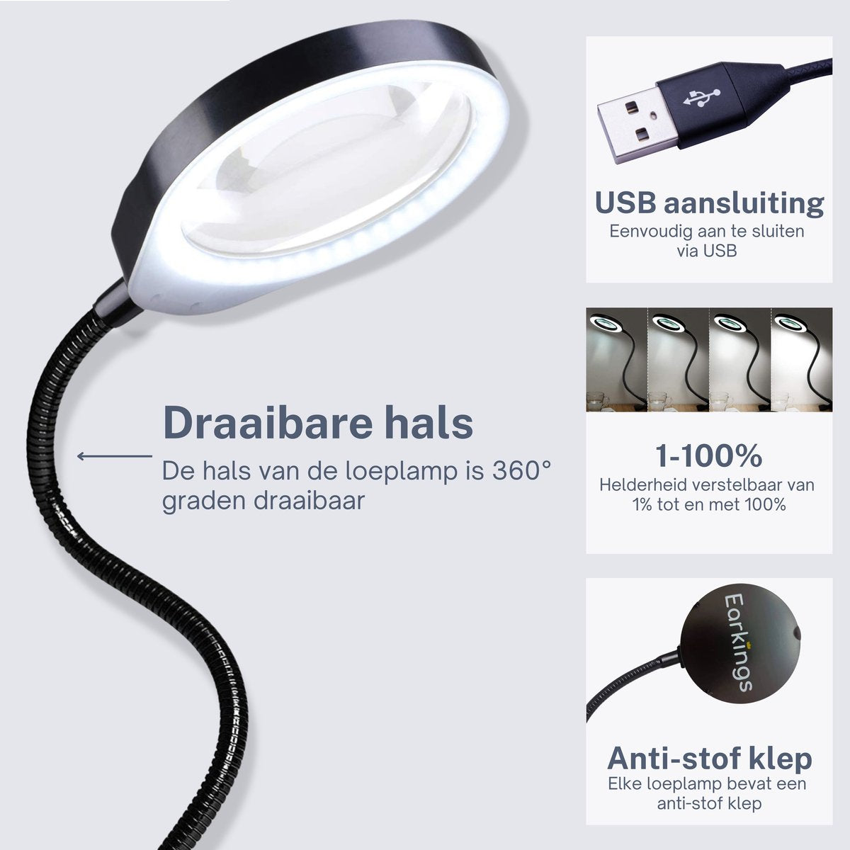 Loeplamp vergrootglas met LED verlichting en tafelklem - Earkings