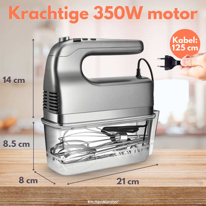 KitchenMonster® Handmixer - Mixer met 9 Snelheden en Timer - 2 Kloppers & 2 Deeghaken & Garde & Opbergbak - Earkings