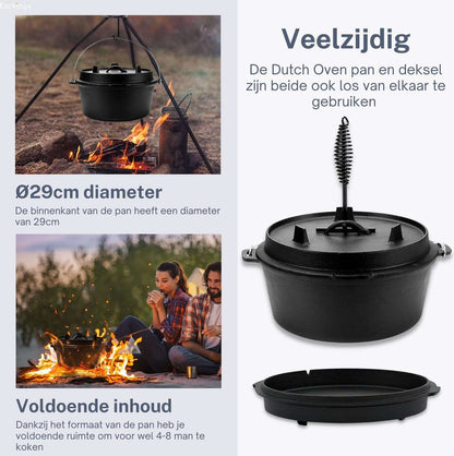 KitchenMonster® Dutch Oven Kookpan - Gietijzeren Pan Ø29 met Deksel 9 Liter - Earkings