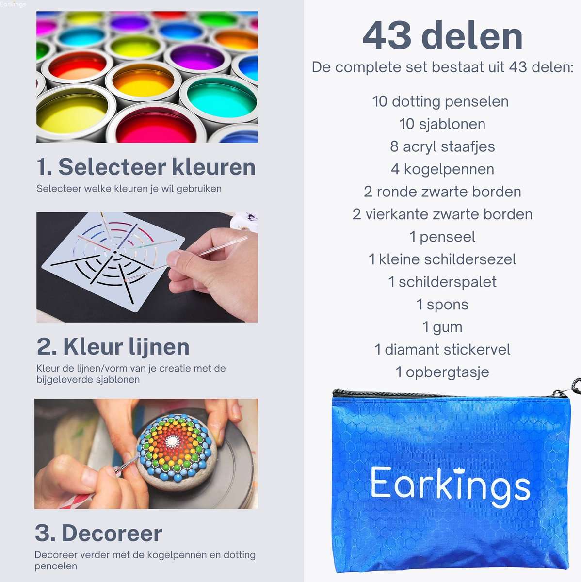 Dotting Tools 43 delig Mandala - inclusief Sjabloon - Earkings