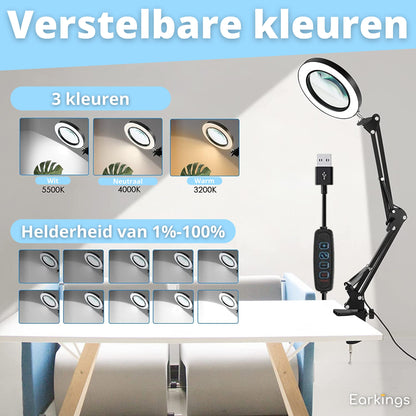 Lupenlampe Lupe mit Beleuchtung und Tischklemme und 3 Lichtfarben - weiß