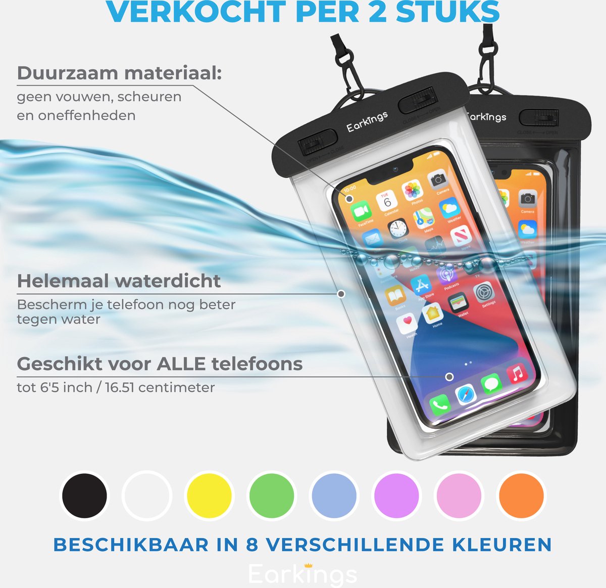 Waterdichte telefoonhoesjes Set van 2 stuks - zwart & wit - Earkings