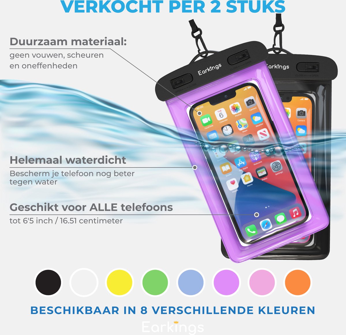 Waterdichte telefoonhoesjes Set van 2 stuks - zwart & paars - Earkings