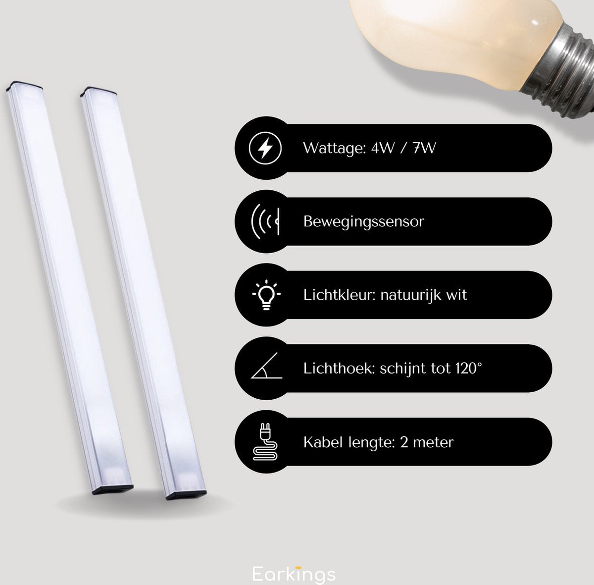 Onderbouwverlichting LED Met Bewegingssensor 30cm - Natuurlijk Wit - Earkings