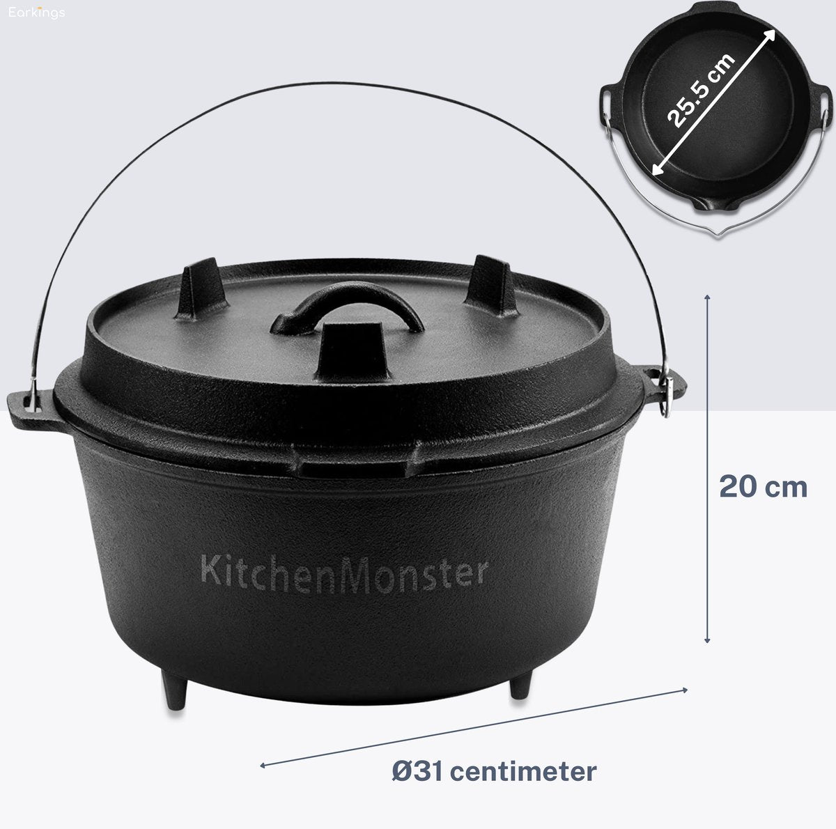 KitchenMonster® Dutch Oven Kookpan - Gietijzeren Pan Ø25.5 met Deksel 5 Liter - Earkings