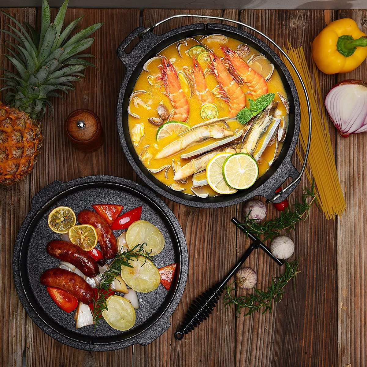 KitchenMonster® Dutch Oven Kookpan - Gietijzeren Pan Ø25.5 met Deksel 5 Liter - Earkings