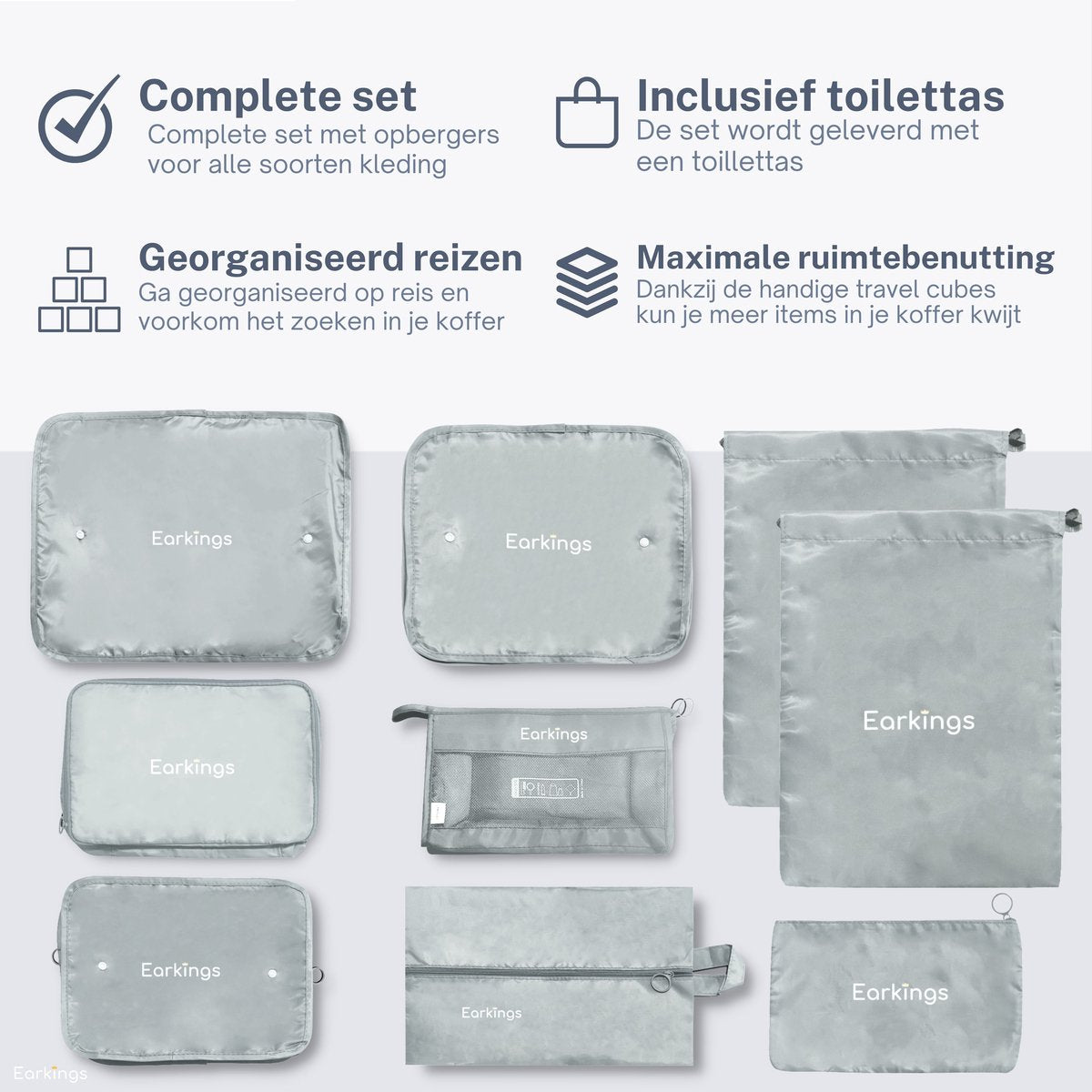 Packing Cubes Koffer Organizer Set - 9-Delig - grijs - Earkings