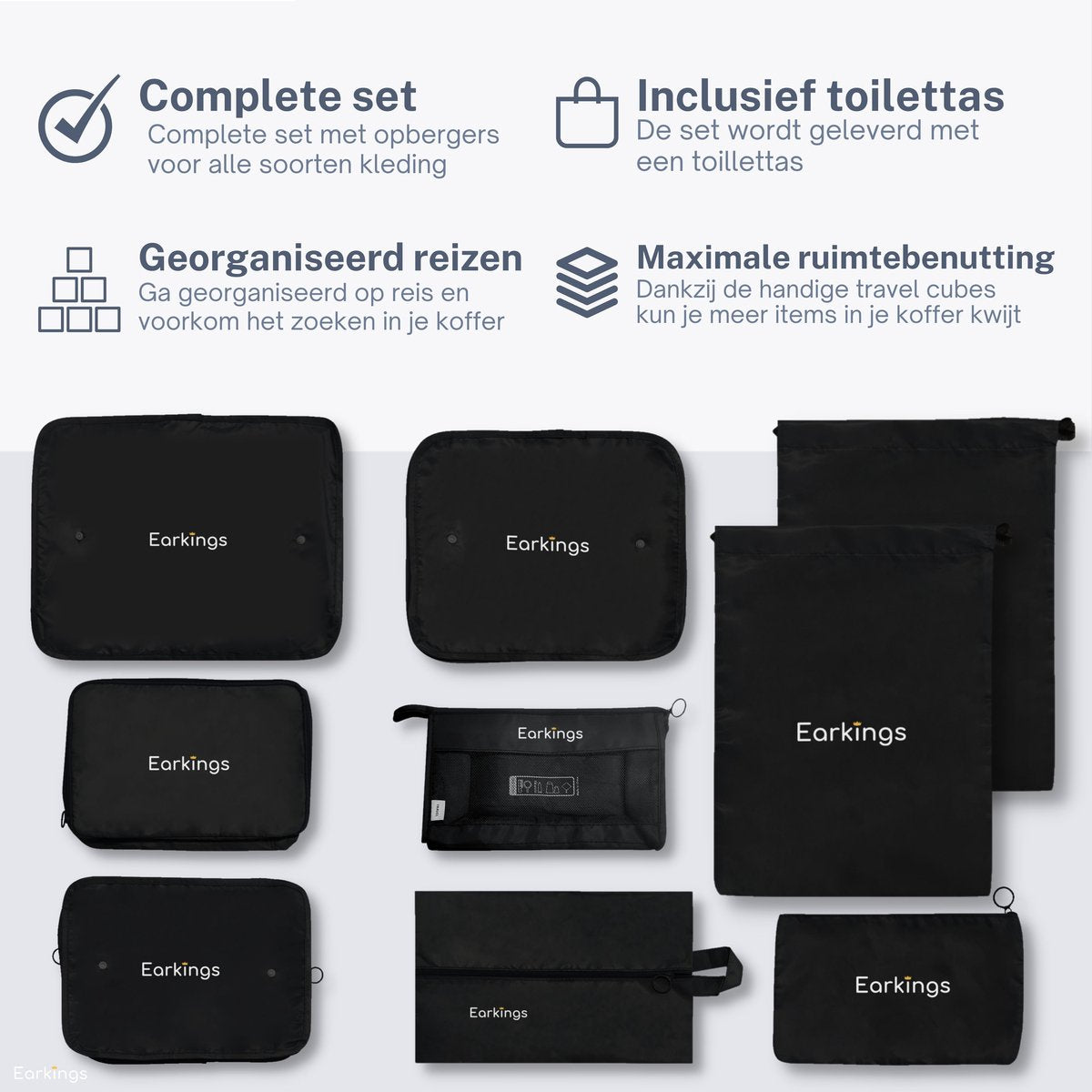 Packing Cubes Koffer Organizer Set - 9-Delige - zwart - Earkings