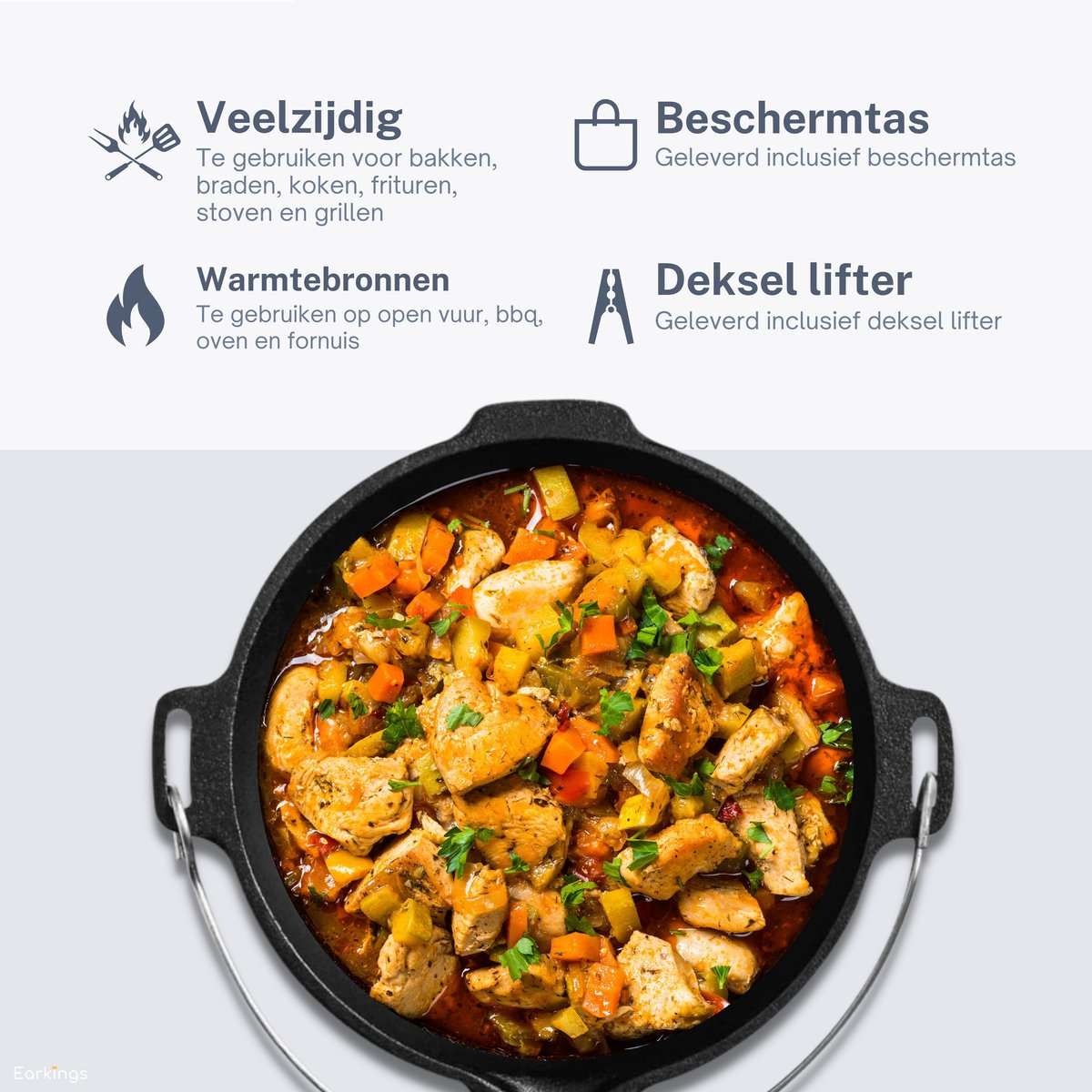 KitchenMonster® Dutch Oven Kookpan - Gietijzeren Pan Ø25.5 met Deksel 5 Liter - Earkings