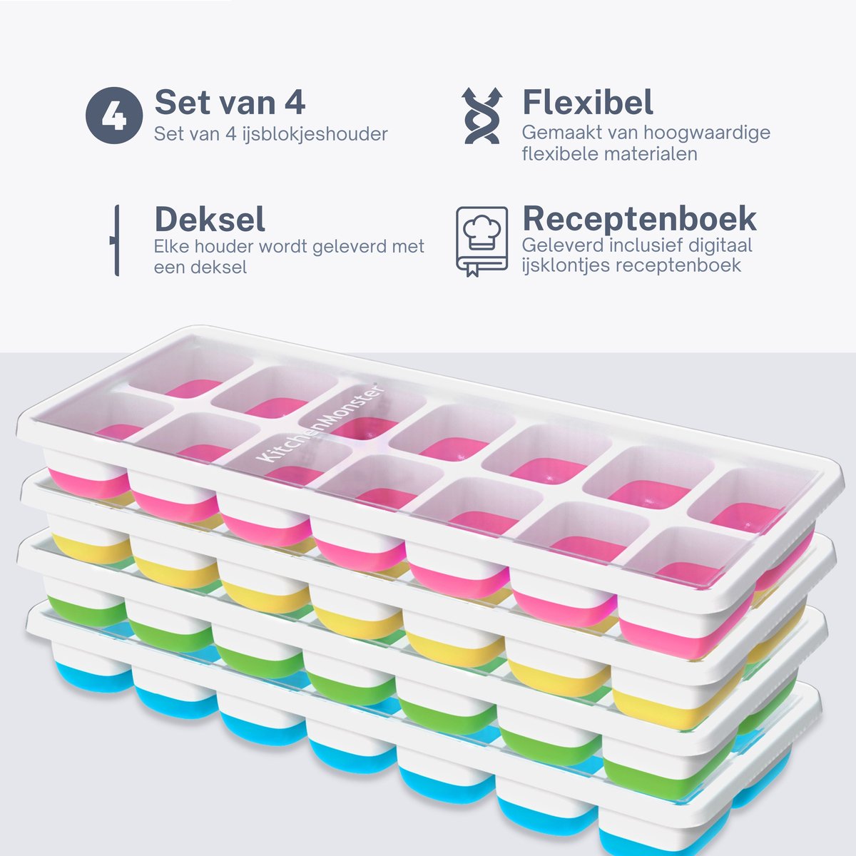 KitchenMonster® IJsblokjesvorm voor IJsblokjes -  IJsblokjesvorm met deksel silicone Blauw, Groen, Geel, Roze - Earkings
