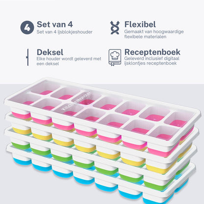 KitchenMonster® IJsblokjesvorm voor IJsblokjes -  IJsblokjesvorm met deksel silicone Blauw, Groen, Geel, Roze - Earkings