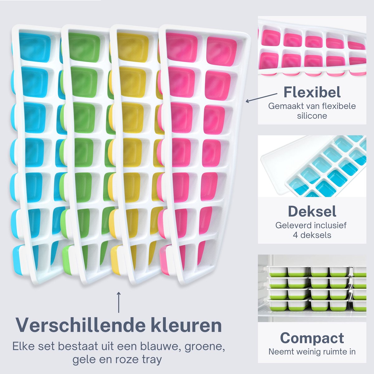 KitchenMonster® IJsblokjesvorm voor IJsblokjes -  IJsblokjesvorm met deksel silicone Blauw, Groen, Geel, Roze - Earkings