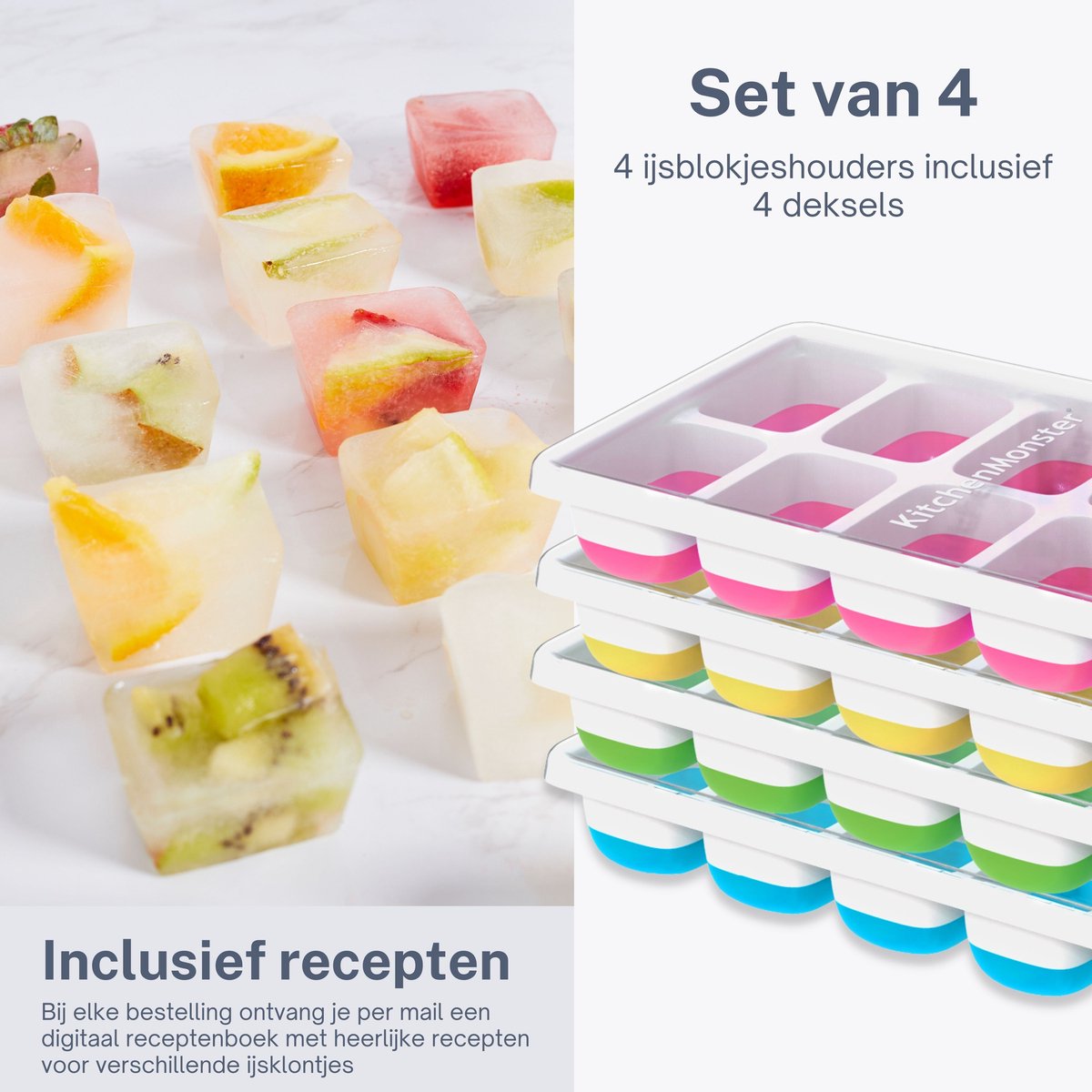 KitchenMonster® IJsblokjesvorm voor IJsblokjes -  IJsblokjesvorm met deksel silicone Blauw, Groen, Geel, Roze - Earkings