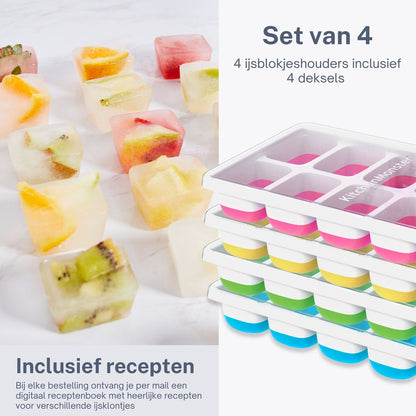 KitchenMonster® IJsblokjesvorm voor IJsblokjes -  IJsblokjesvorm met deksel silicone Blauw, Groen, Geel, Roze - Earkings