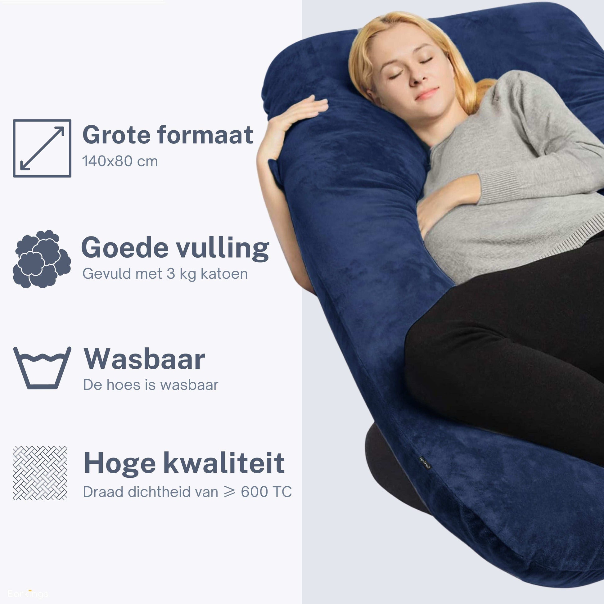 Zwangerschapskussen Zijslaapkussen 140x80cm U-vorm - blauw - Earkings