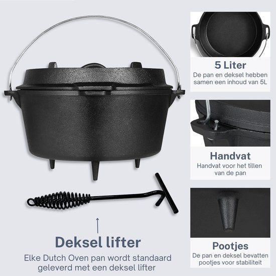 KitchenMonster® Dutch Oven Kookpan - Gietijzeren Pan Ø25.5 met Deksel 5 Liter - Earkings