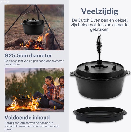 KitchenMonster® Dutch Oven Kookpan - Gietijzeren Pan Ø25.5 met Deksel 5 Liter - Earkings