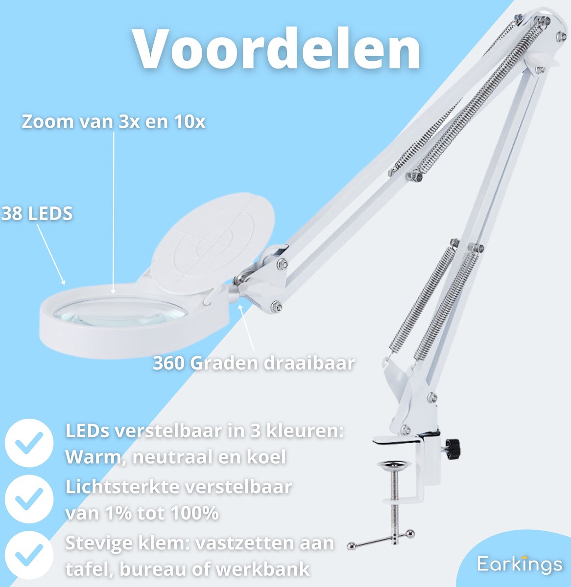 Loeplamp Vergrootglas met Verlichting en Tafelklem en 3 Lichtkleuren - wit - Earkings