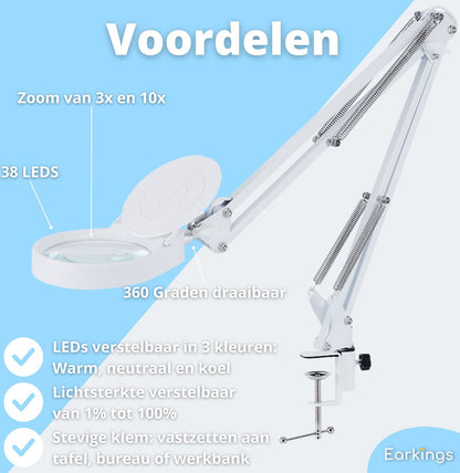 Loeplamp Vergrootglas met Verlichting en Tafelklem en 3 Lichtkleuren - wit - Earkings